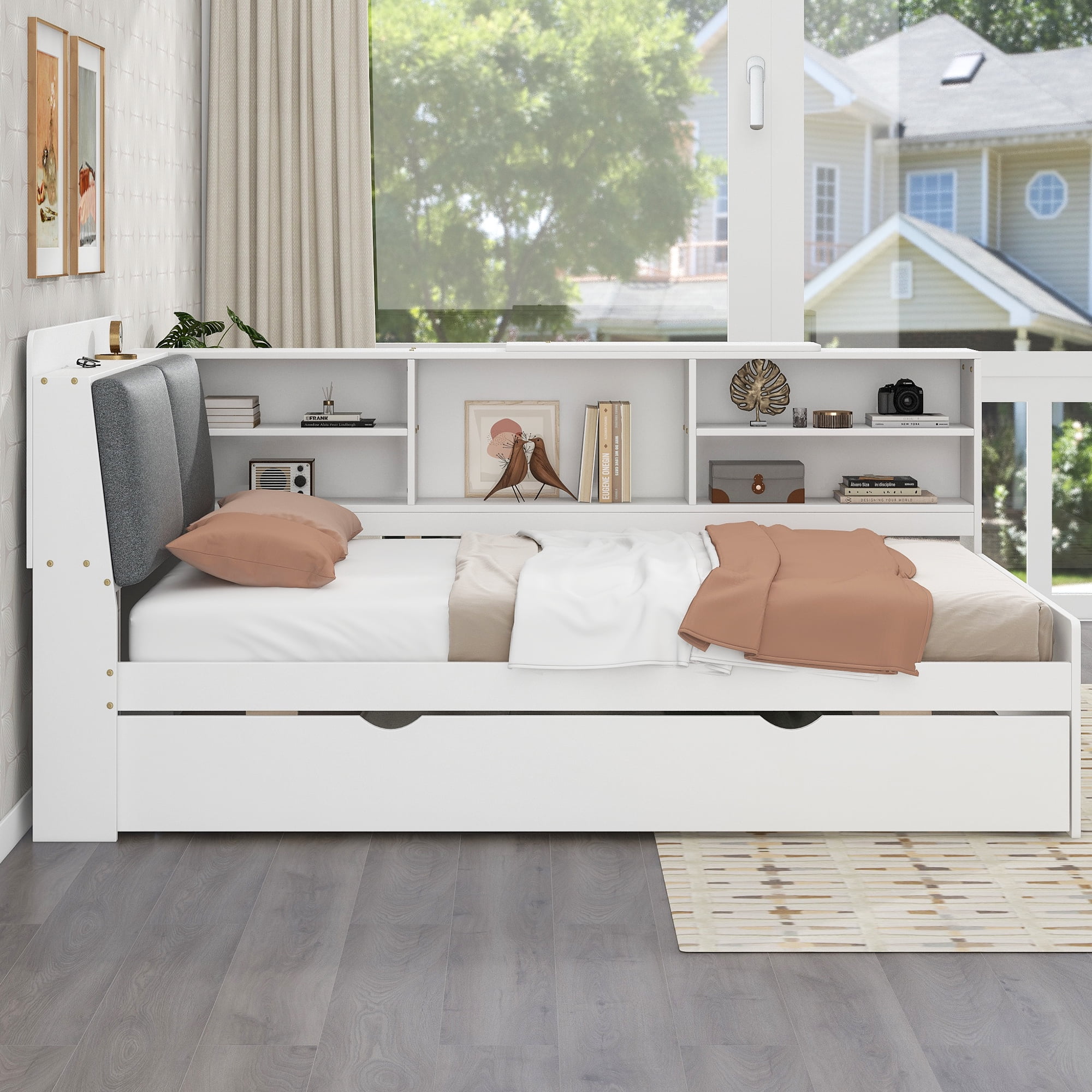 Euroco Wood Twin Size Daybed with Trundle, Low Profile Storage Bed with Shelves and Table, White