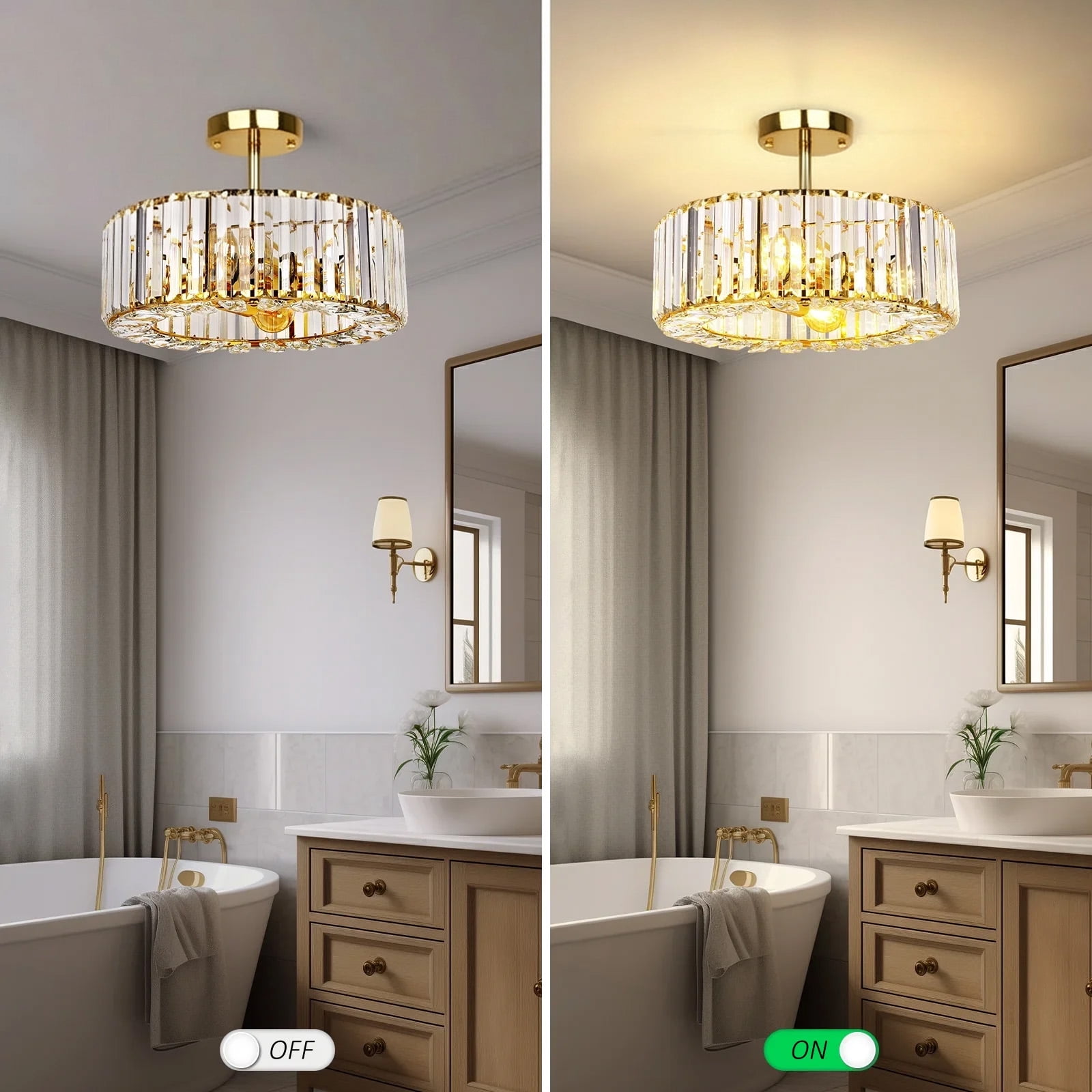 FRIDEKO HOME 14.5" Crystal Semi Flush Mount Ceiling Light Fixture, Modern Gold Drum Chandelier for Living Room Bedroom Kitchen Hallway Entryway, E26 Base, 4-Light (Bulbs not included)