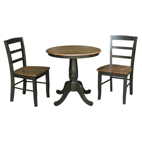 3-piece Solid Wood Dining Set with 30'' Round Pedestal Table and 2 Madrid Ladder Back Chairs in Hickory/Washed Coal by International Concepts