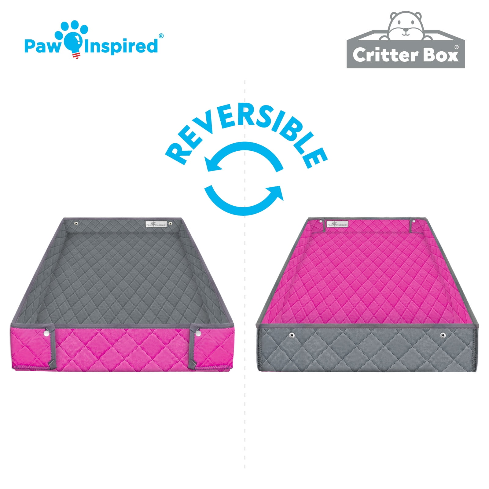 Paw Inspired Critter Box Guinea Pig Cage Liner, Washable Reversible Fleece Bedding with Raised Walls, Leakproof Waterproof Bottom (Midwest, Gray/Pink)