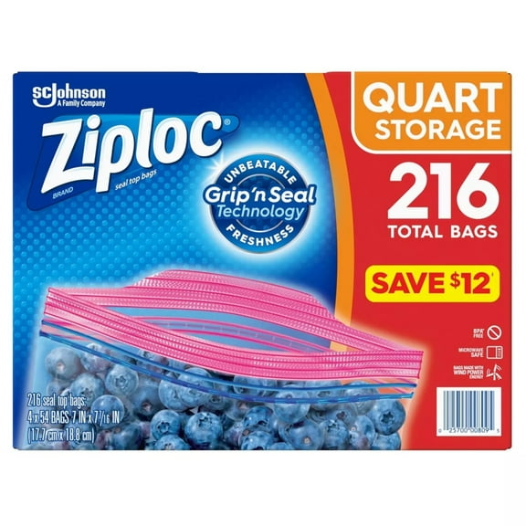 Ziploc Storage Quart Bags with Grip 'n Seal Technology, 216 Count