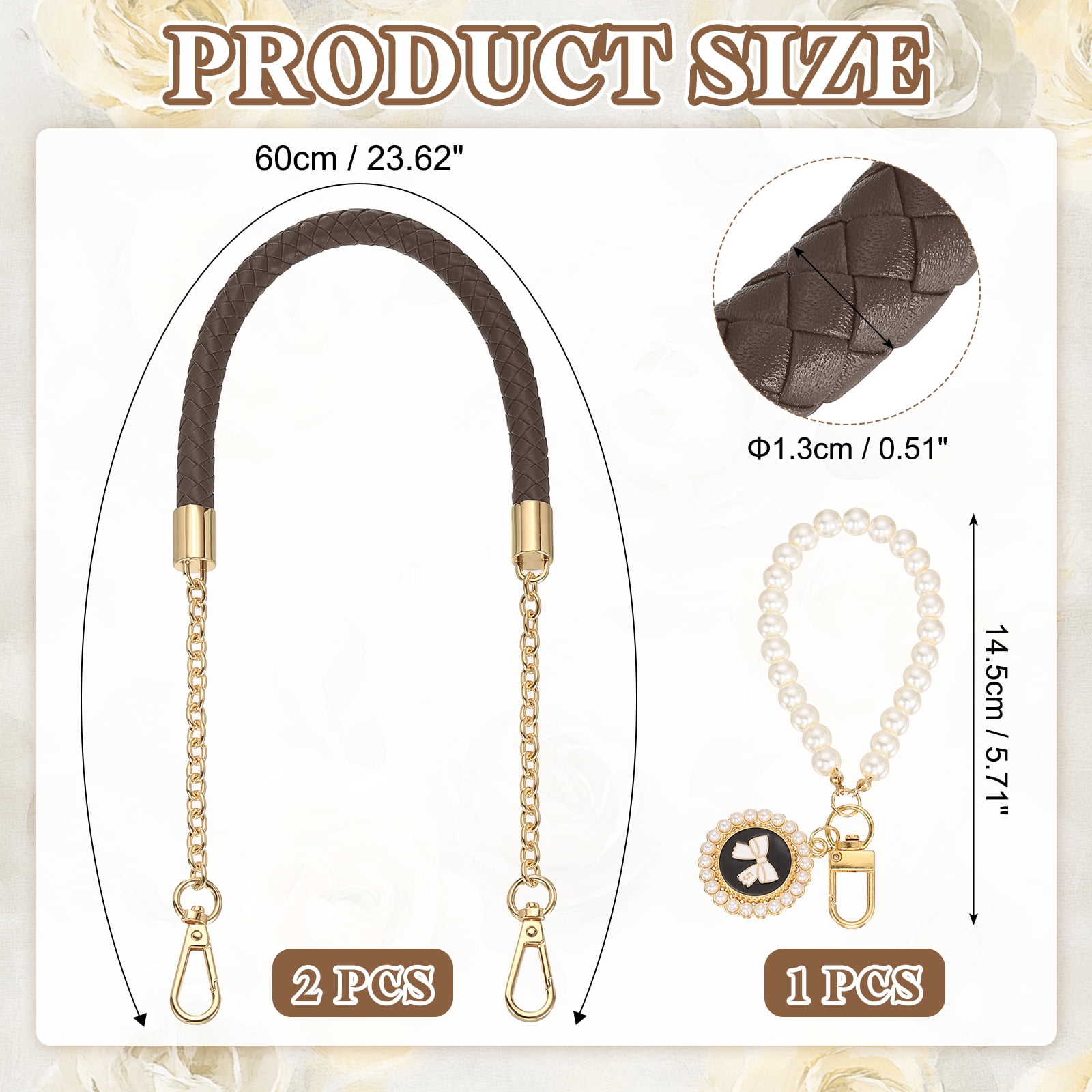 Uxcell 2 Pcs PU Leather Chain Purse Strap, 23.6 Inch Braided Purse Handles Replacement Strap with Pearl Pendant for Tote Bag Handbag Underarm Bag (Dark Brown, Light Gold Chain)