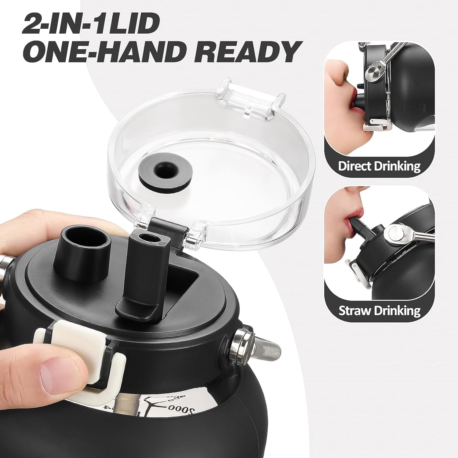 100oz Glass Water Bottle with Time Marker and Silicone Sleeve 3L Large Water Jug with Stainless Steel Handle Gallon Drinking Bottle with 2-in-1 Lid Wide Mouth BPA Free, Black