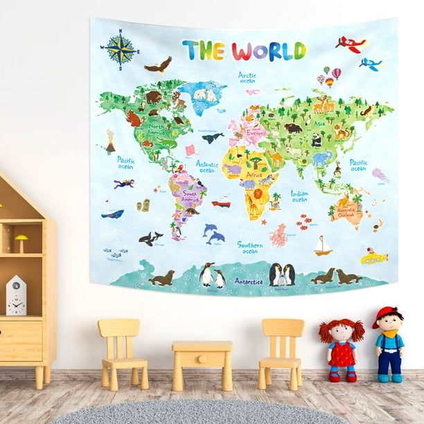Póster para Tapicería BASHOM TP-001 Mapa del Mundo Animal para Niños 150 x 130 cm