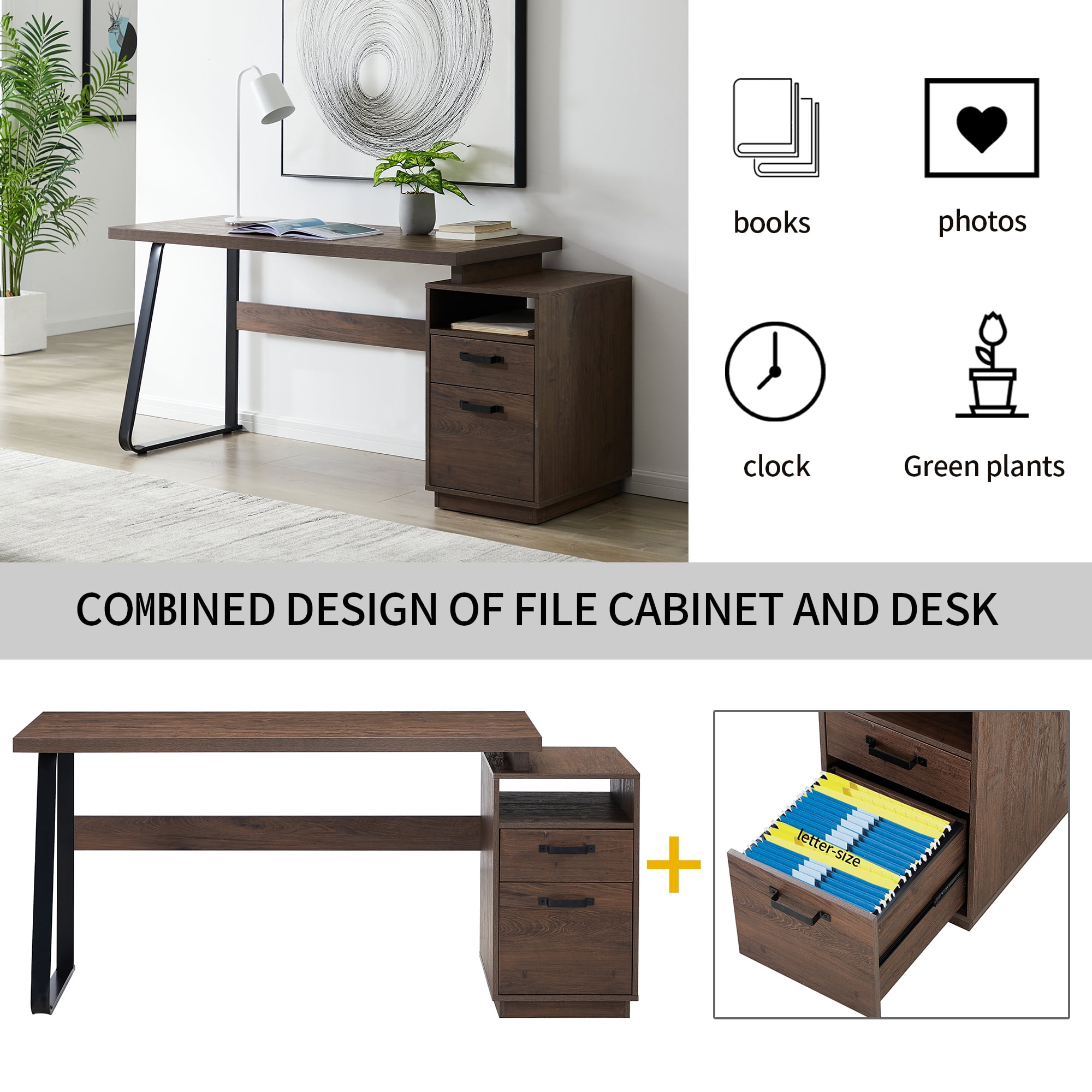 Kepooman 65" Modern MDF Computer Desk with Drawers for Hanging Letter-size Fiiles, Brown Kepooman 65" Modern MDF Computer Desk with Drawers for Hanging Letter-size Fiiles, Brown
