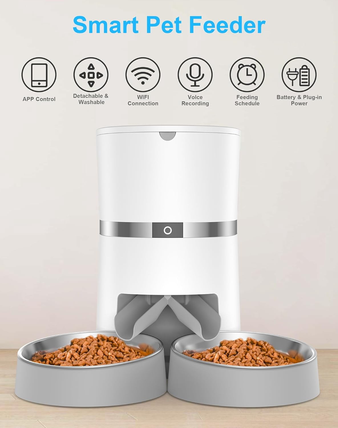 Automatic Cat Feeder, Smart Pet Food Dispenser with APP Control,WiFi Enabled Automatic Feeder for Dogs, Cats & Small Pets, Double Stainless Steel Bowls,6 Meals Portion Control and Voice Recording