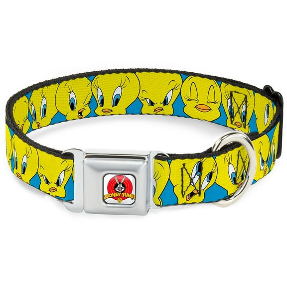 Looney Tunes Pet Collar, Dog Collar Metal Seatbelt Buckle, Tweety Bird Close Up Expressions Baby Blue, 15 to 24 Inches 1.0 Inch Wide