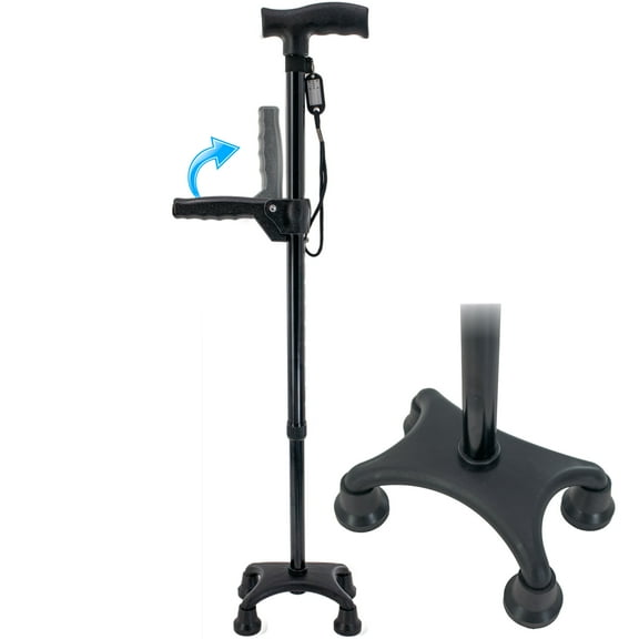 Adjustable Quad Cane – Rotatable Ergonomic Handle Aids Sitting Standing with Anti-Slip Quad Base, 10 Height Adjustments, Self-Standing for Elderly Mobility Support