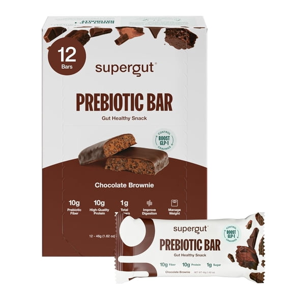 Supergut Prebiotic Bar 10g Fiber & Protein Snack Bars, Chocolate Brownie, 12 Pack