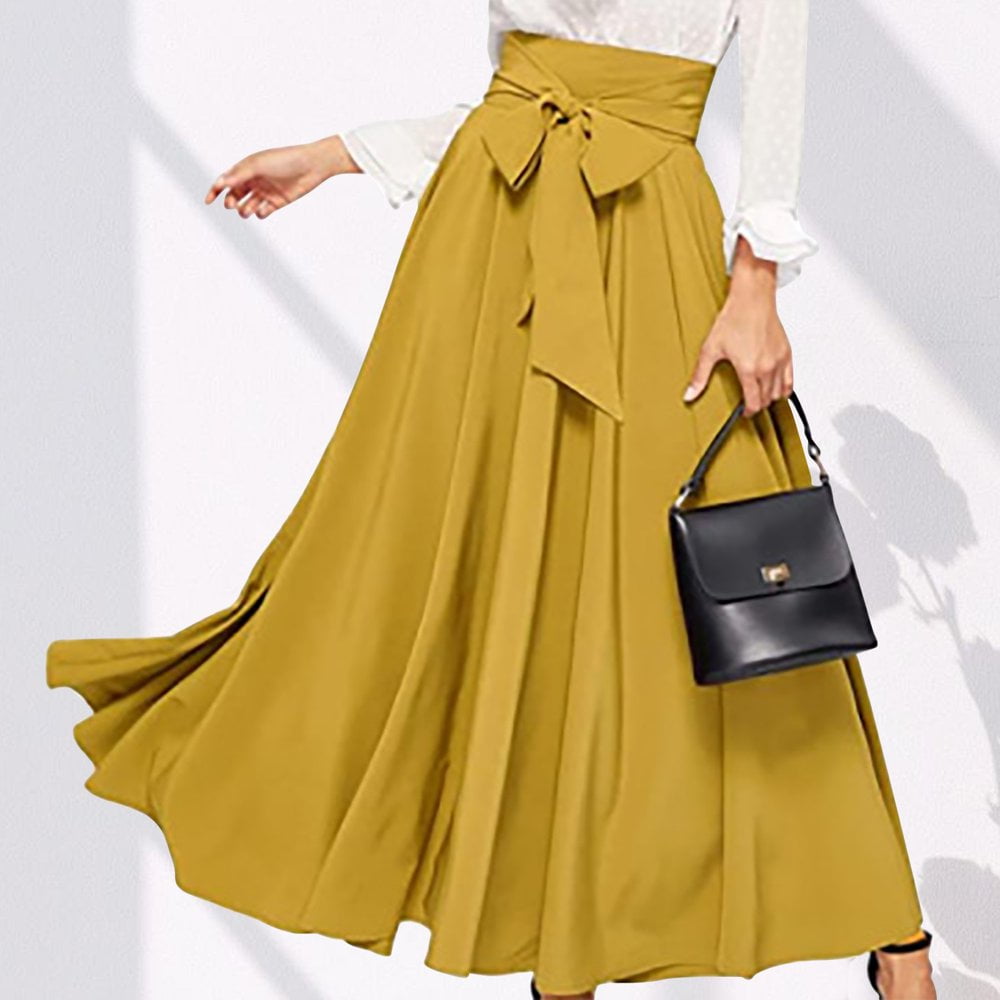 JUNWELL Jupes Elegantes Maxi Femmes Taille Haute Noeud Papillon avant Plissee Jupe Longue Tendance Flowy A Line Parti Jupe Evasee Walmart