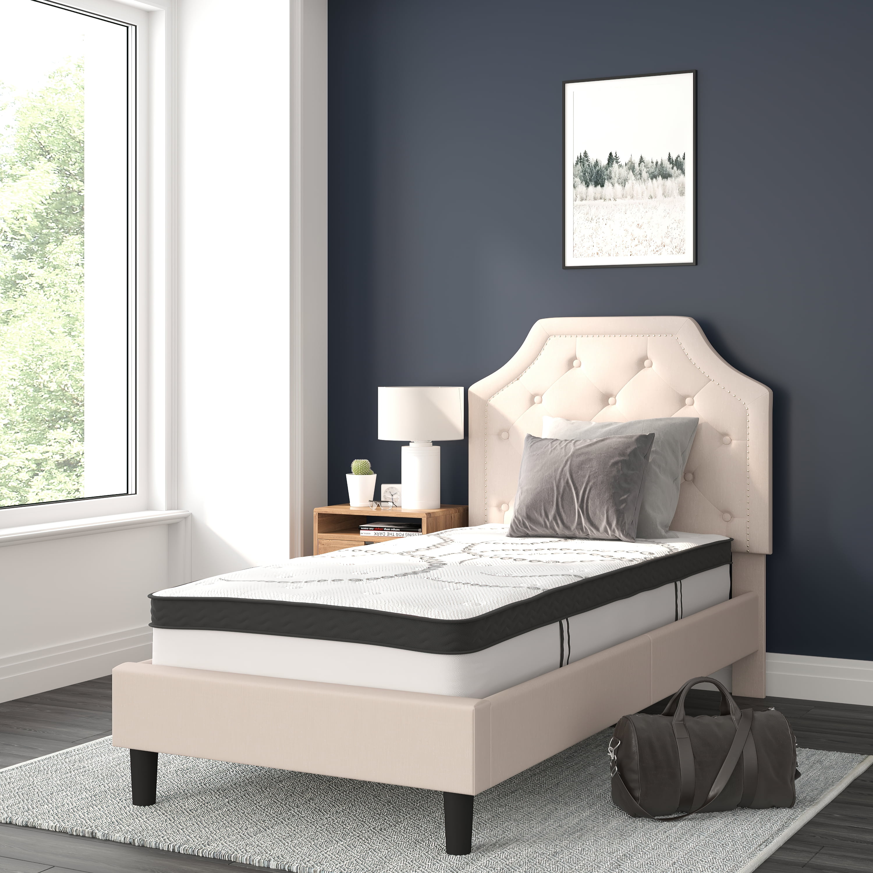 BizChair Brighton Twin Size Tufted Upholstered Platform Bed in Beige
