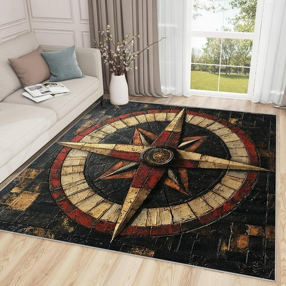 Nautical Rugs for Living Room - 4x6 Rug, Compass Rug - Home Decor, Rustic Sailing Area Rug, Ocean Maritime Washable Rugs for Living Room Bedroom, Vintage Coastal Carpet, Compass Gifts for Men