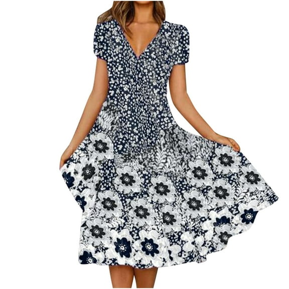 Ruimatai Women's Floral V Neck Dress Summer Short Sleeve Casual Swing Maxi Dress Lightweight Comfortable Party Beach Vacation Outfit