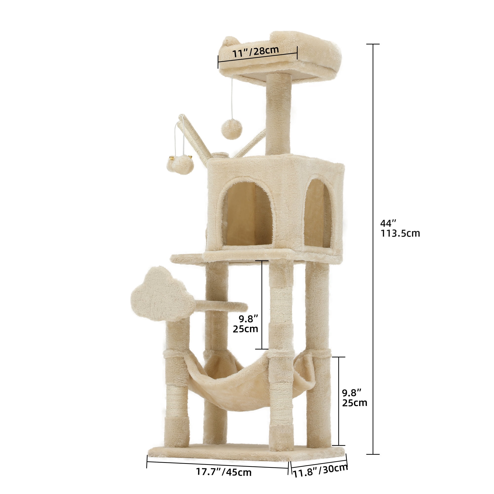 Uforic 44" Cat Tree Tower with Scratch Posts, Condo, Hammock & Toys, Beige