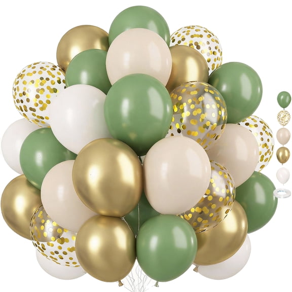 Sage Green Gold Balloons, 12 Inch Green White Metallic Gold Balloons Sand White Gold Confetti Latex Balloons for Birthday Wedding Baby Shower Party Decorations