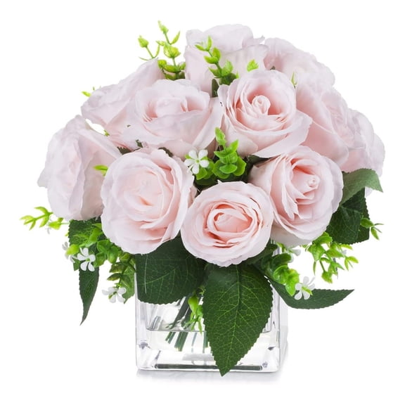 Drevy 18 Heads Silk Rose Artificial Flowers in Vase, Rose Faux Flowers Arrangement in Glass Vase with Faux Water for Home Table Decoration ()