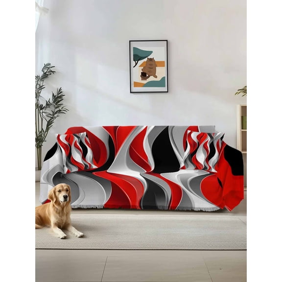 Red Black Grey Couch Cover for Dogs, Moire Modern Artwork Abstract Washable Sofa Covers Slipcover for Pets Dogs Futon Cover, Couch Recliner Covers, Oversized Chair Slipcover 71"x91"