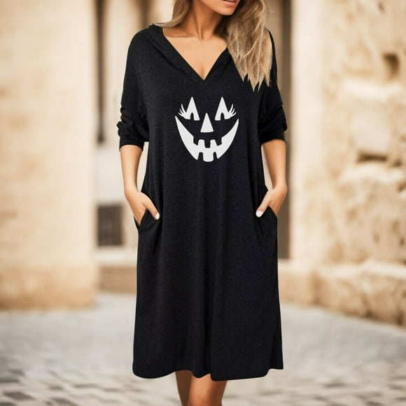 WILLBEST Black Dress Purse Women's Dress Casual Loose Long Sleeve Hooded Print Maxi Dress for Spring and Autumn