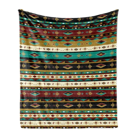 Ethnic Soft Flannel Fleece Throw Blanket, Traditional Essential Motif with Geometric Ornaments Classic Folkloric Print, Cozy Plush for Indoor and Outdoor Use, 70" x 90", Multicolor, by Ambesonne