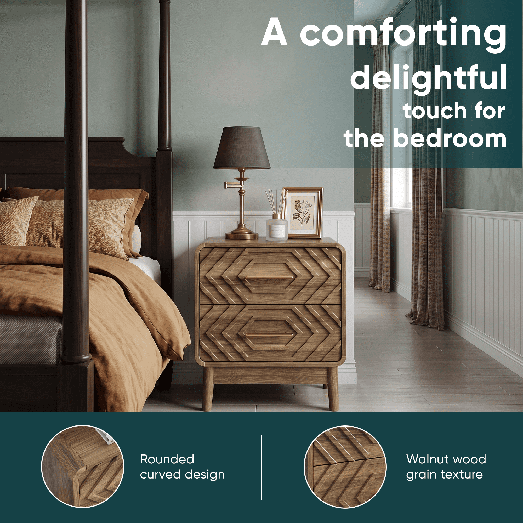 Walnut wood bedside table, double drawer bedside table with solid wood legs and gold metal handles, rounded corner end table suitable for bedroom.