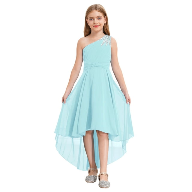 Manyakai Robe à une Épaule pour Filles, Ourlet Haut-Bas, Robe de Princesse à Volants, Taille Haute, Robe de Danse de Soirée Bleu Clair 6