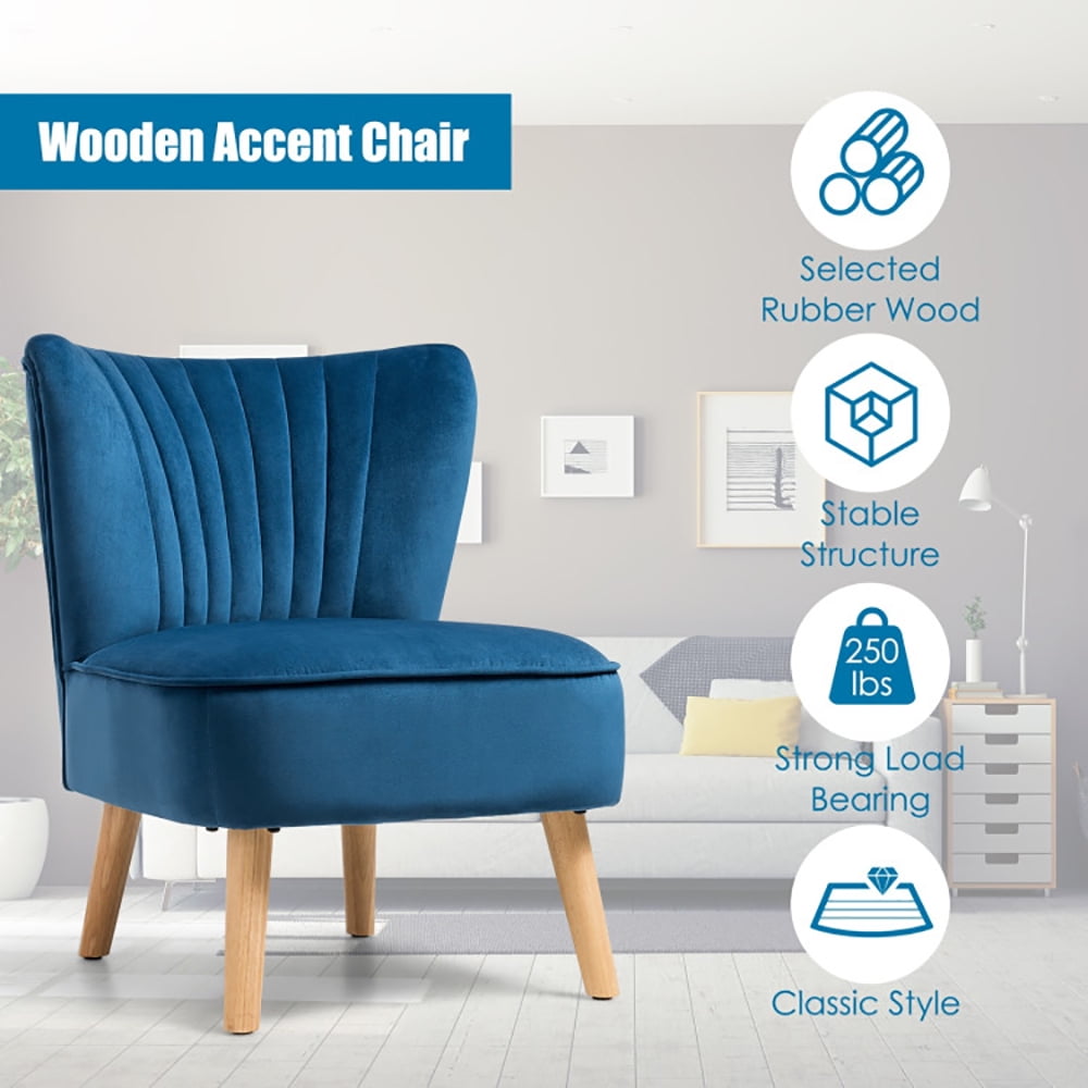 Finihen Velvet Accent Chair, Modern Armless Velvet Accent Chair with Wood Legs, Thickly Padded, Armless Wingback Club Chairs for Living Room, Bedroom, Blue