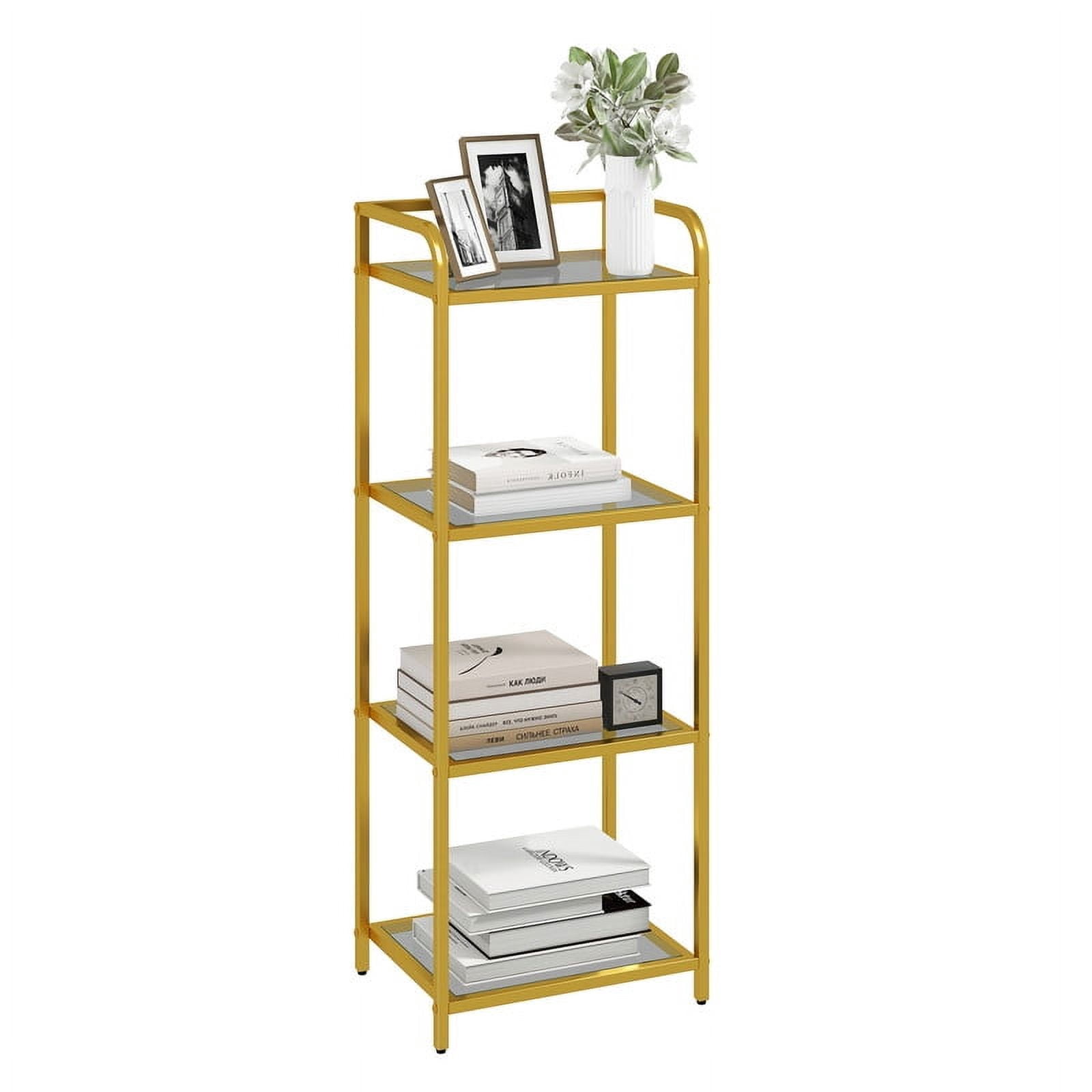 Uforic 4 Tier Modern Bookshelf, Tempered Glass Narrow Bookshelf, Open Display Bookcase, Gold Shelf Unit for Home Office, Living Room