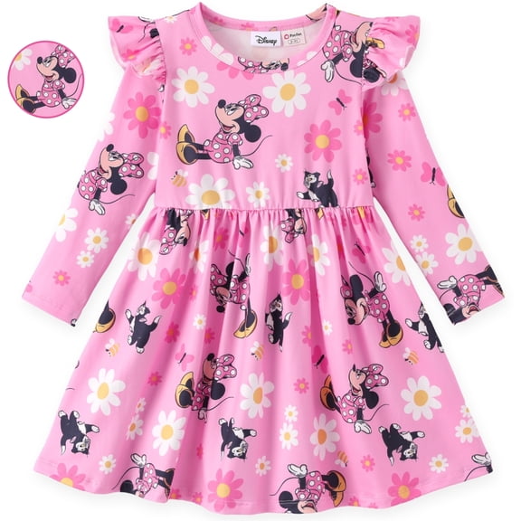 Disney Toddler Kid Girls Dresses Minnie Mouse Pink Floral Long Sleeve Ruffle Birthday Gifts Dress