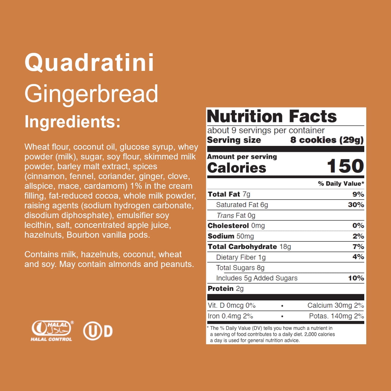 Loacker Quadratini Gingerbread, Bite-size Wafer Cookie, 8.82 oz, Pack of 6