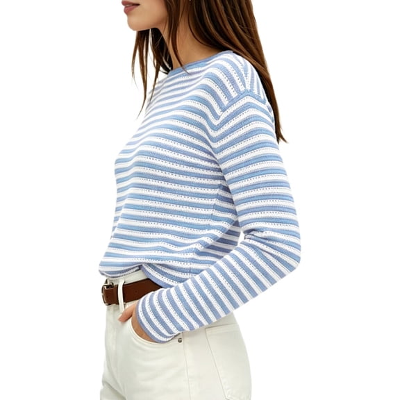 Women'S Boat Neck Striped Open Knit Relaxed Fit Pullover Sweater Blue XL