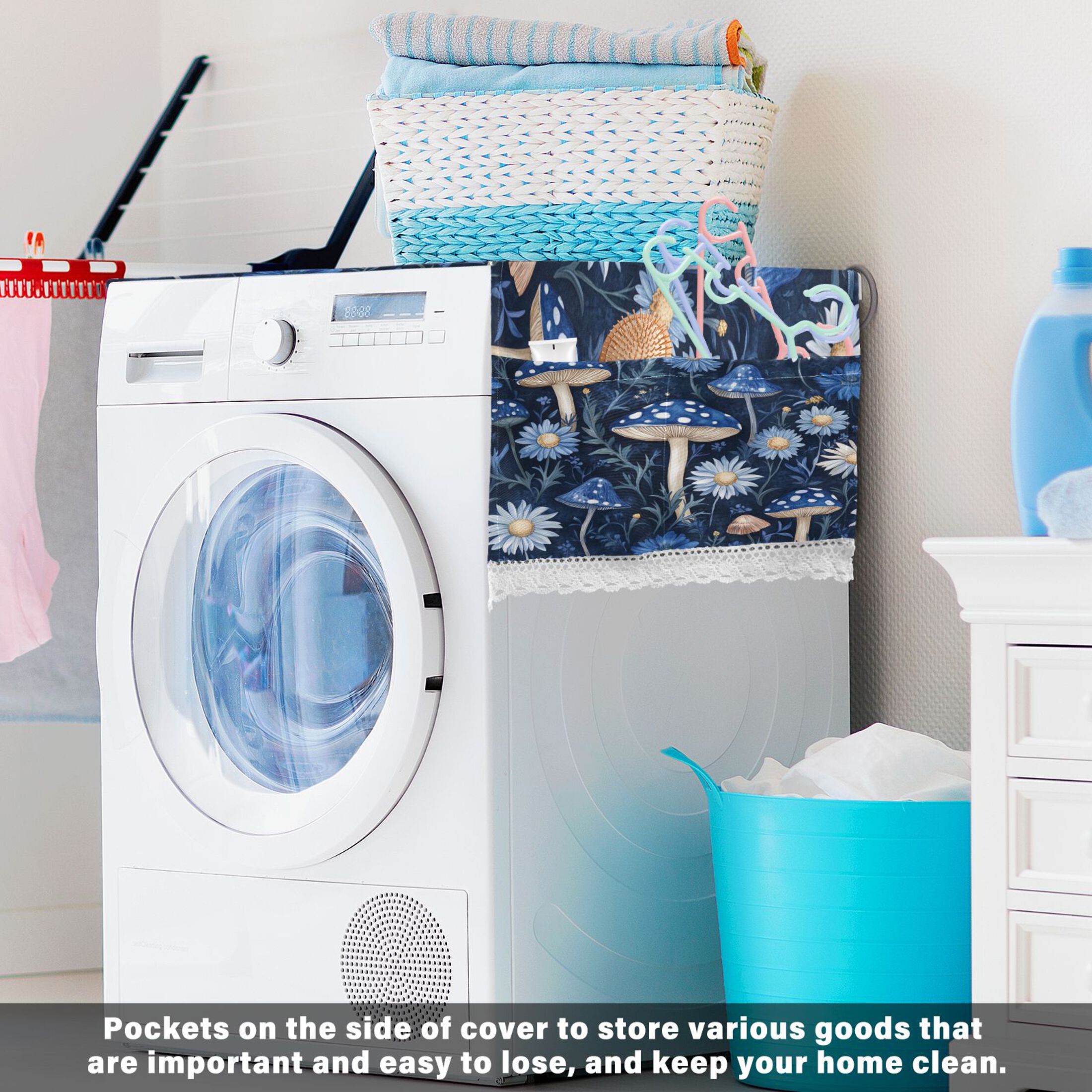 Blue MushroomWasher and Dryer Covers Dust-Proof and Oil Resistant Fridge Cover with 4 Storage Pockets Washing Machine Top Cover for Laundry Kitchen Home 51.2 x 22 In