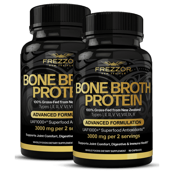 FREZZOR Bone Broth Collagen Protein Capsules Supplements for Joint, Skin, Hair & Nail Support, 180 Capsules, 2 Pack