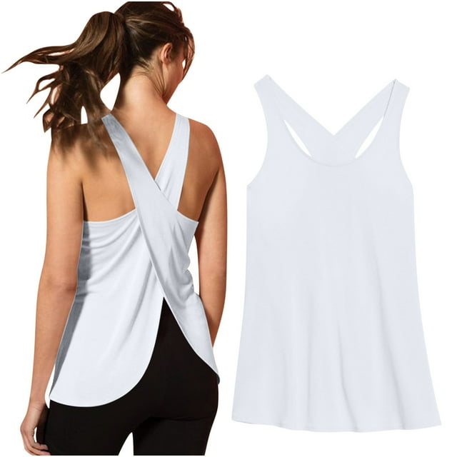 VKOYWKM Womens Cross Backless Workout Tank Tops Loose Fit Racerback Tank Tops Open Back Running Muscle Tank Tops Solid Color Athletic Gym Tank Tops