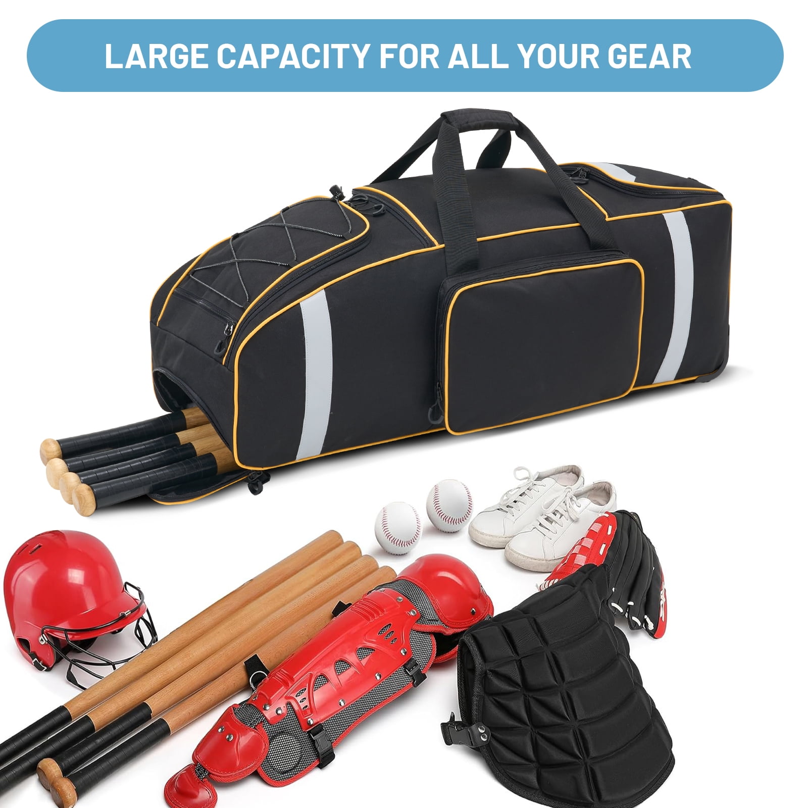 Large Catcher Gear Bag With Wheels, Soft Rolling Baseball Bag for 4 Bats, Portable Baseball Catcher Bag With Wheels, Multi-Pockets, Fence Hook, Holds All Softball Baseball Equipment (36x12x12inch)