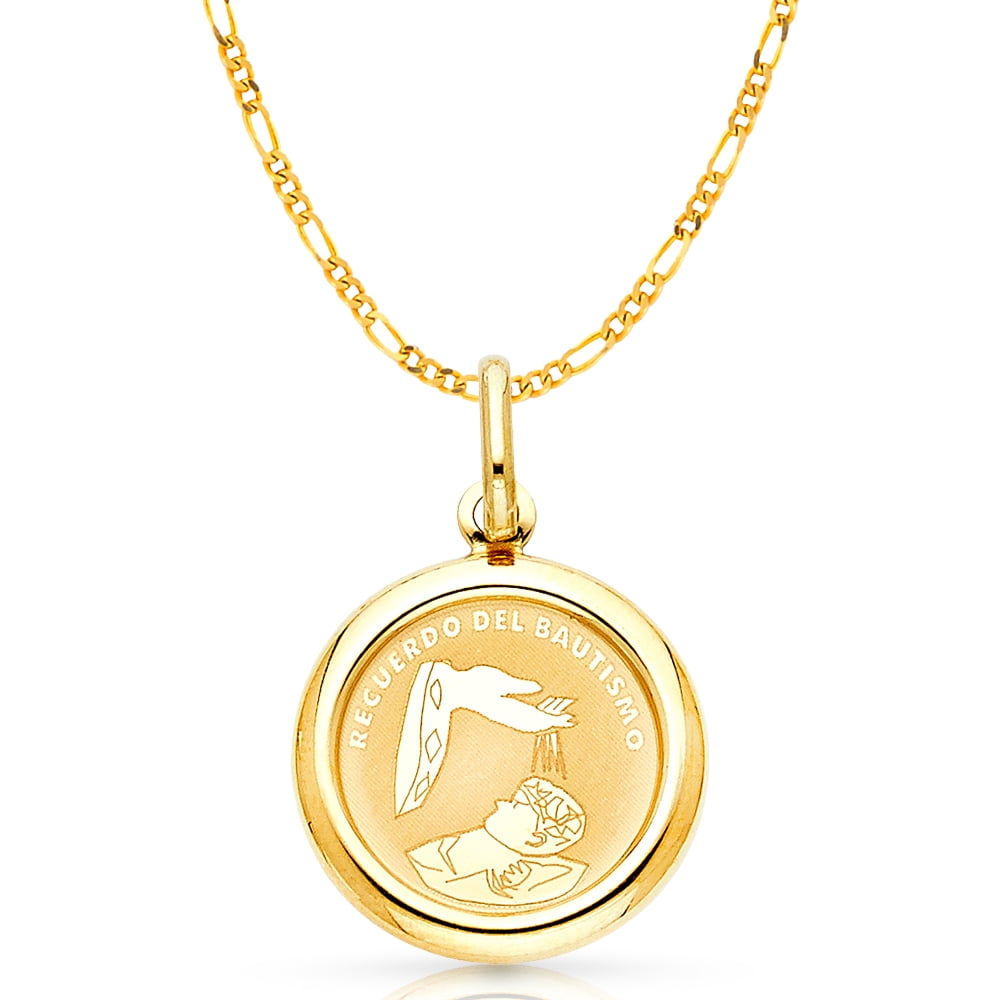 14K Yellow Gold Baptism Charm Pendant with 2.3mm Figaro 3+1 Chain Necklace