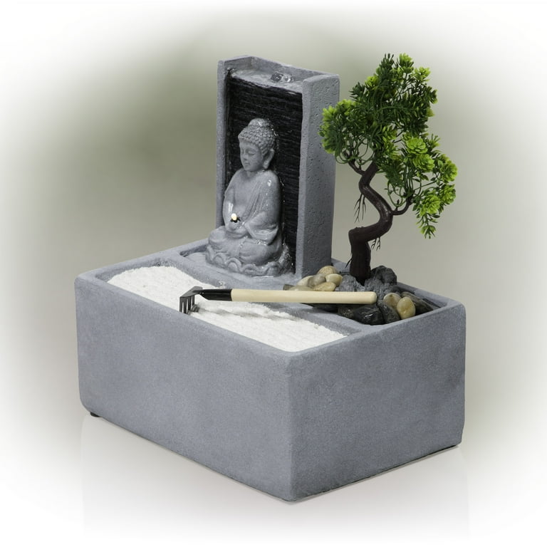 Alpine Buddha Bonsai Garden LED Lights Tabletop top Fountain, Gray