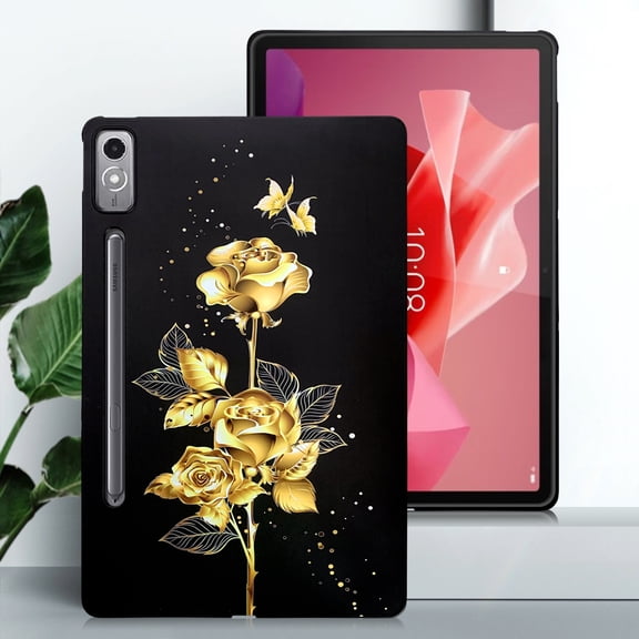 for Lenovo Tab P12 12.7" 2023 Floral Pattern Case, Luxury Ultra Slim Flexible Lightweight Anti-Fingerprint Drop Protective Heat Dissipation with Soft TPU Cover, Gold Butterfly Rose