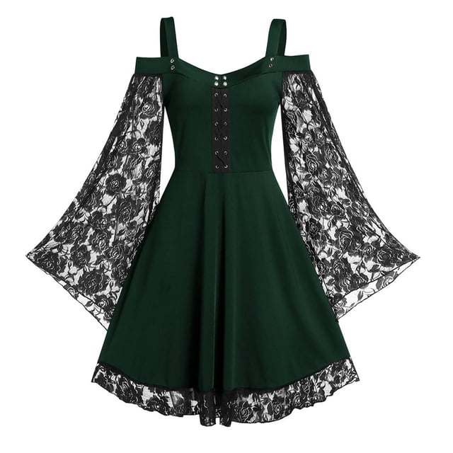 UPPADA Robe Steampunk Gothique pour Femme Robe en Dentelle et Maille Robe à Épaules Dénudées à Manches Chauve-Souris Jupe de Fête Cosplay Vert, TTTG