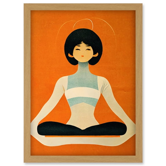 Peaceful Japanese Woman In Yoga Pose Orange Black Quirky Artwork Framed Wall Art Print A4