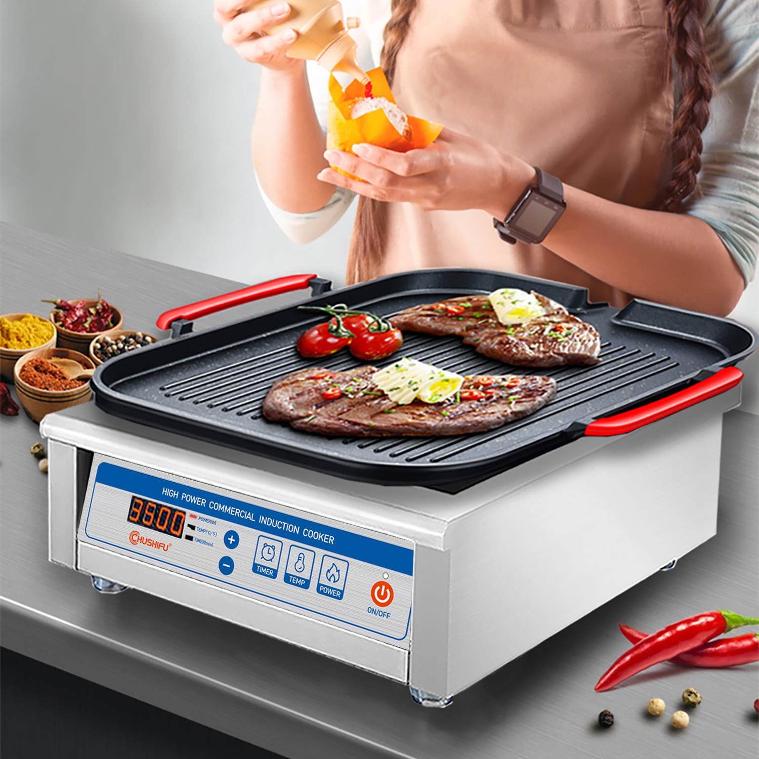 Open Box ChuShiFu 3500W 190V~275V Induction Cooktop Commercial Grade Range 18h Timer Electric Stove Burner Kitchen Restaurants Cooking 16 Level Temp&Power Ctrl
