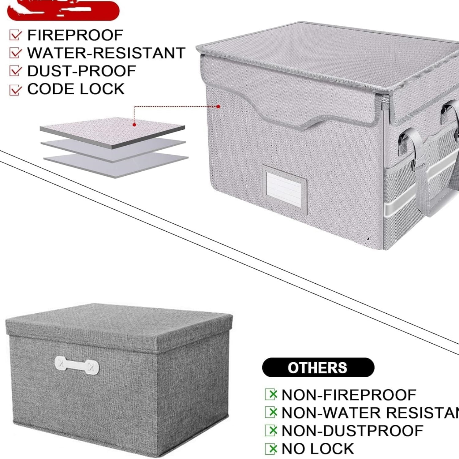 Fireproof Document Box with Lock,File Storage Organizer with Pockets,Collapsible Portable File Box Home Office Safe Filing Cabinet with Handle for Hanging Letter/Legal Folders,Silver,2 Pack