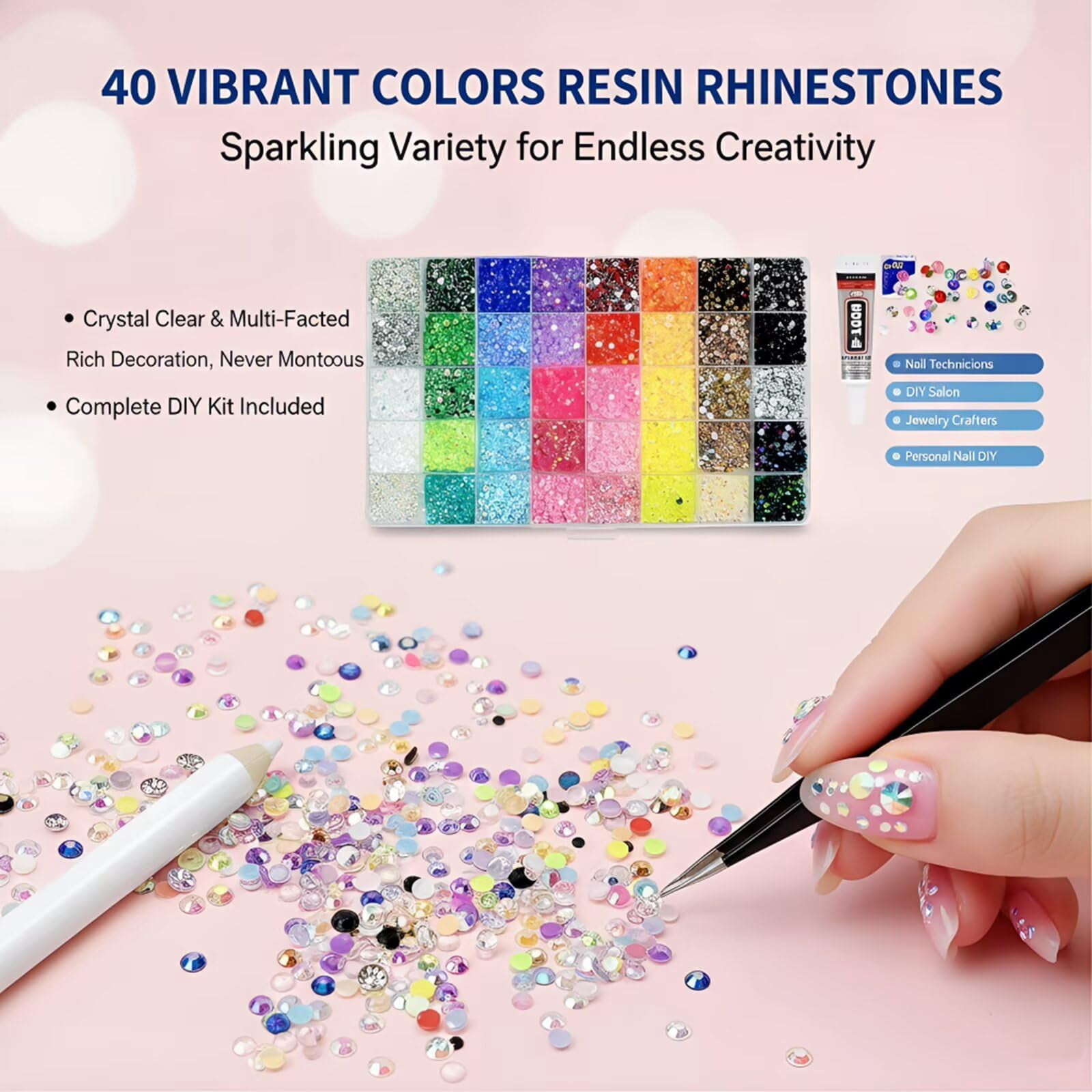 24 Colors Resin Rhinestones for Crafting with Tweezers – Flatback Glass Rhinestone Kit with B-7000 Glue, Storage Box, for Nail Art, Tumblers, Shoes, DIY Decor