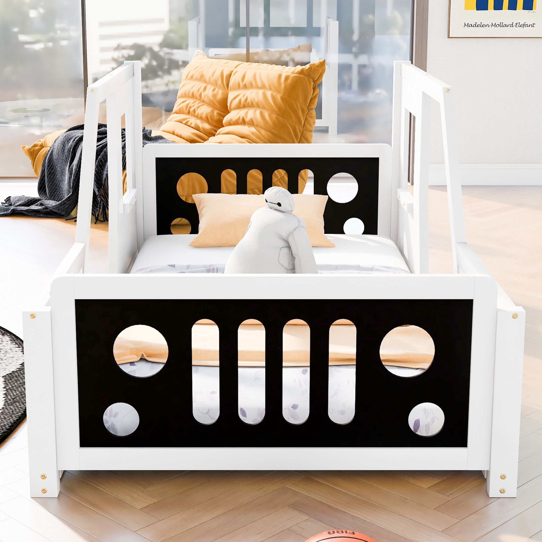 Noble House Twin Classic Car-Shaped Platform Bed, Playful Pine Wood Frame with Doors and Wheels, White