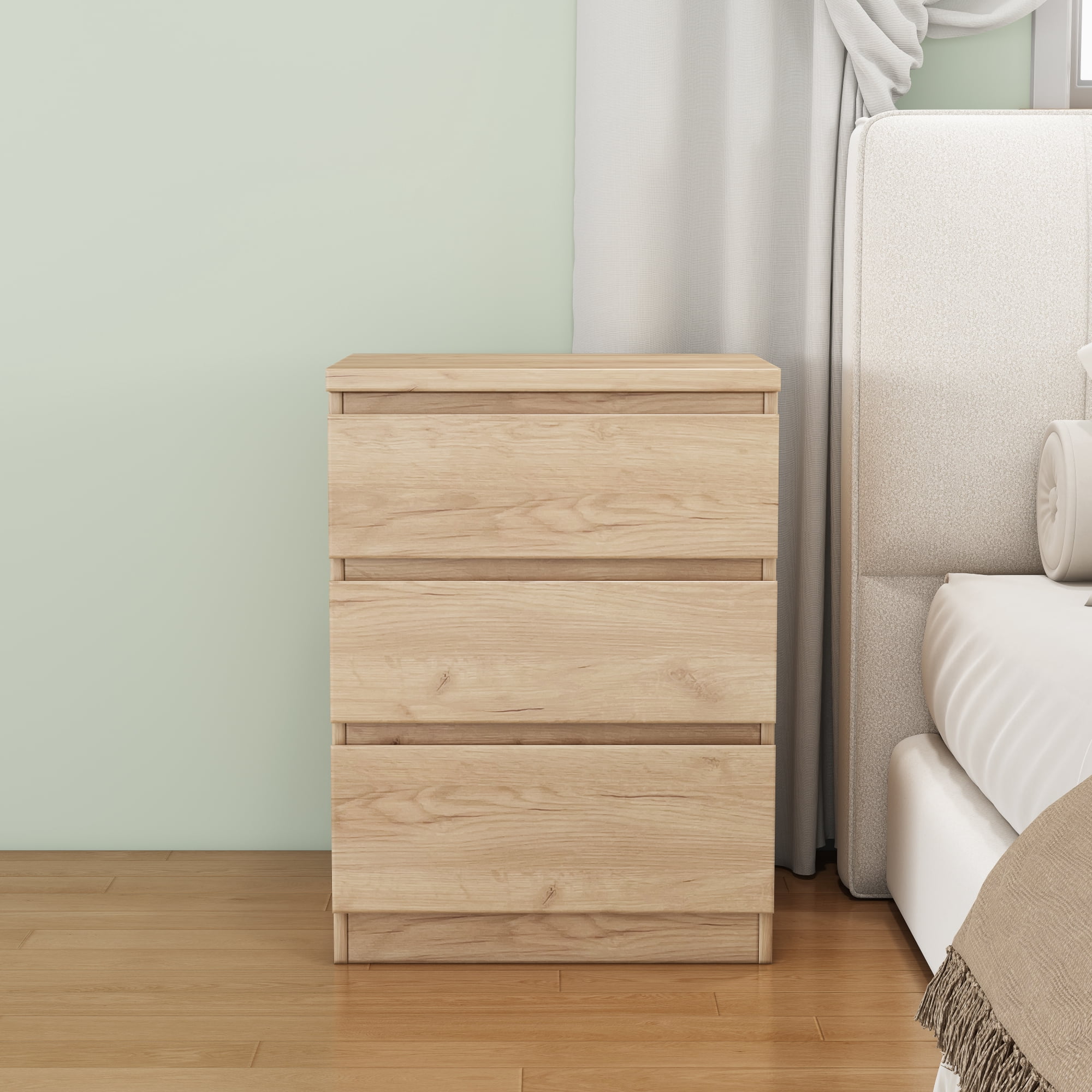 Modern Nightstand with 3 Drawers,Wooden End Table with Hidden Handle,Small Side Table Storage Cabinet for Bedroom,Living Room,Natural