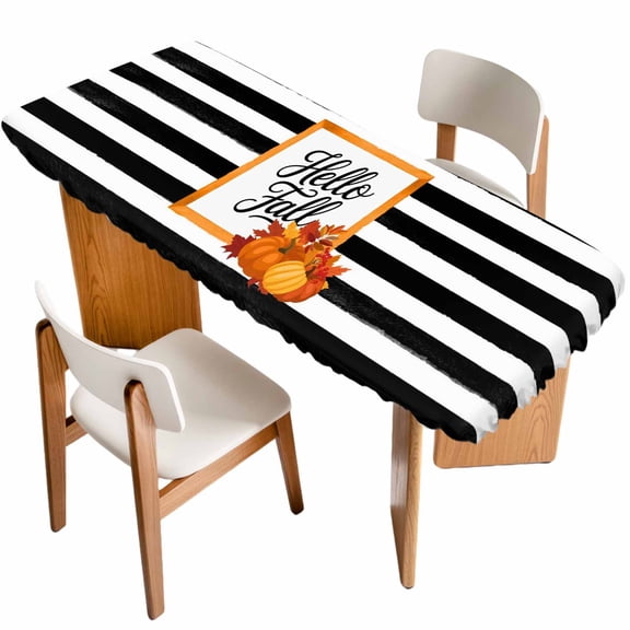 Black Striped Fall Table Cloths for 8 Foot Rectangle Tables, Thanksgiving Pumpkins Farmhouse Art Patio Waterproof Elastic Fitted Tablecloths, Washable Rectangular Table Cover for Camping