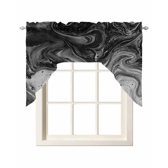 Black Marble Swag Valances for Windows, Small Curtains Drapes, Vintage Abstract Grey Fluid Aesthetic Kitchen Window Curtains Over Sink Rod Pocket Window Treatment Valance for Bedroom/Bathroom 56"x36"