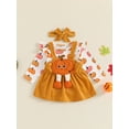 thumbnail image 5 of Raccmtaty Baby Girl Pumpkin Outfit, Ruffle Trim Long Sleeve Romper Pumpkin Patch Suspender Skirt Bow Headband 3 Piece Set for Halloween, 5 of 9