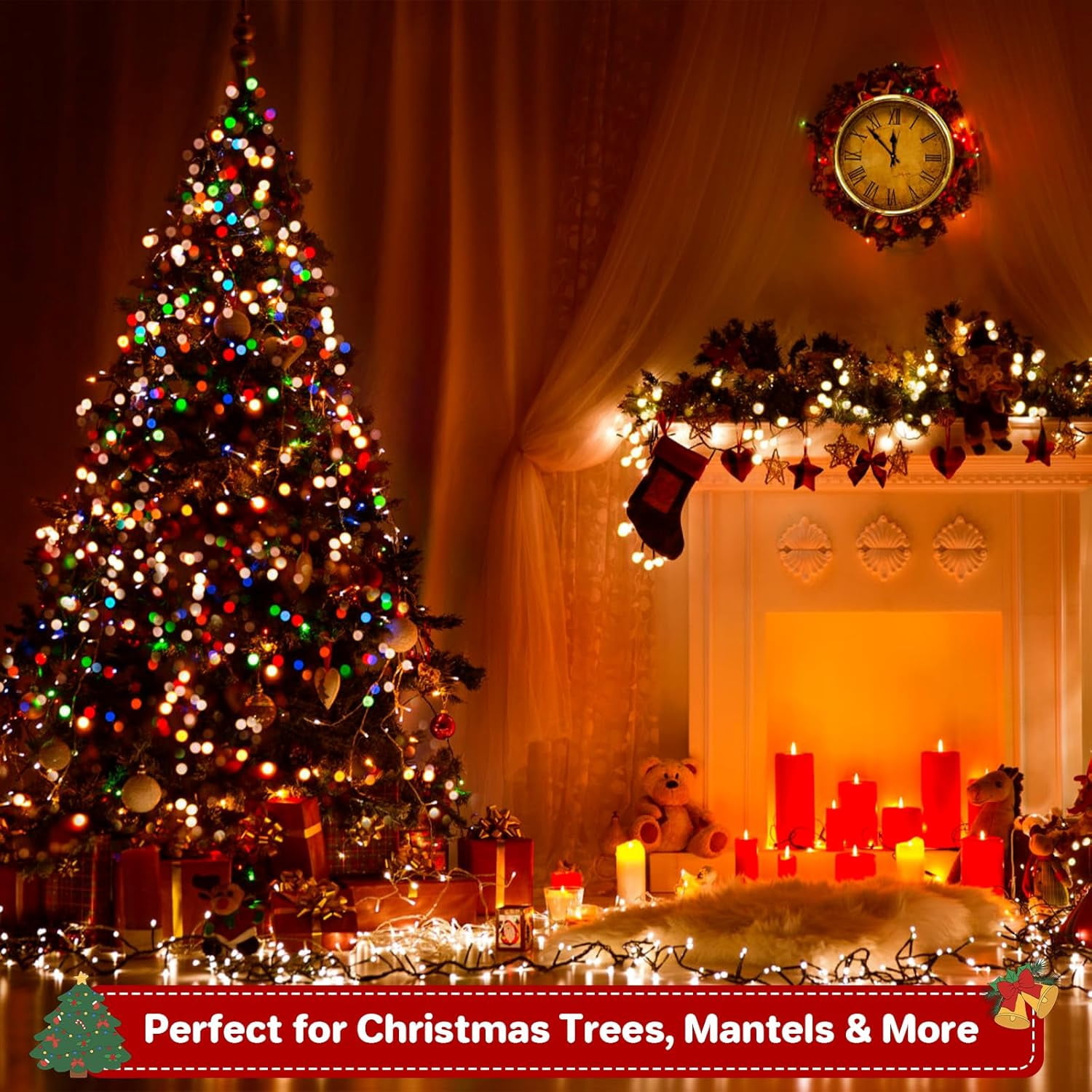 Battery Operated Christmas Lights, 33 FT 100 LED Mini String Lights with Timer and 8 Modes, Green Wire Outdoor Waterproof String Lights for Tree Xmas Indoor Holiday Party Garden Decor, Warm White