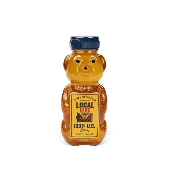 Local Hive 100% US Honey Bear Bottle, Raw & Unfiltered, Squeeze Bottle, 12 oz