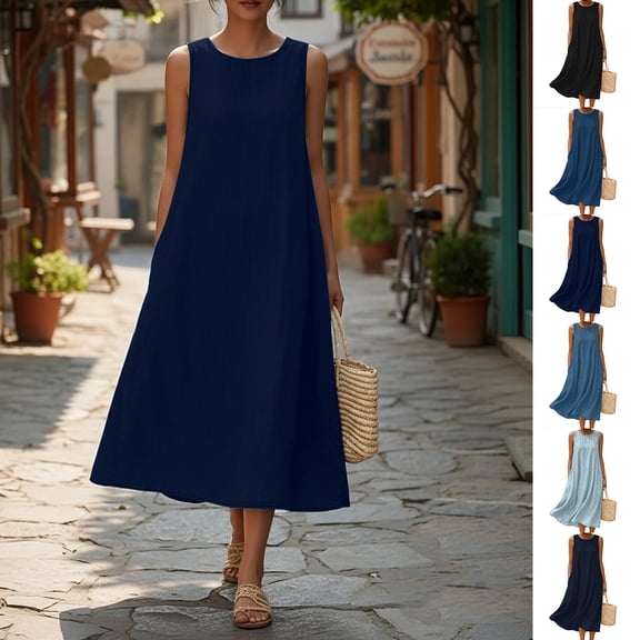 Smsaxvxz Womens 2026 Summer Tank Maxi Dress Crew Neck Sleeveless Casual Solid Loose Beach Vacation Sundress Navy S
